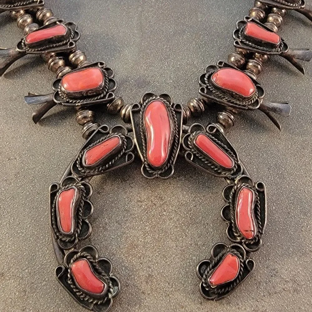 Vintage Navajo 1960's Red Coral Squash Blossom Necklace - Picture 7 of 11